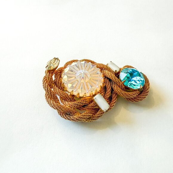 Vintage Hobe Gold Tone Mesh Cord Brooch Faux Opal Teal Crystals - Picture 5 of 7